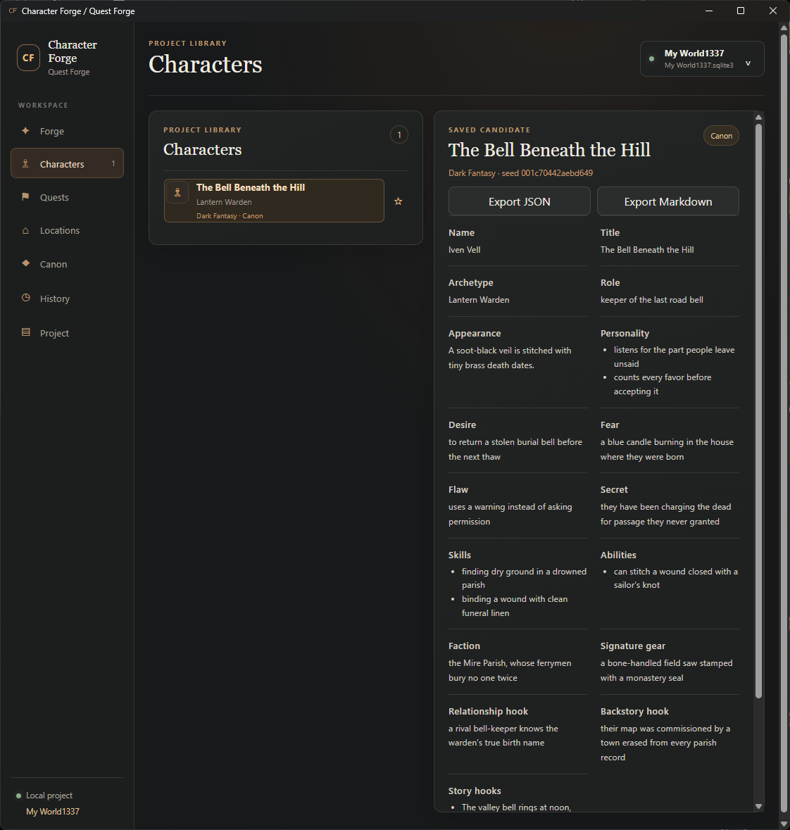 CharacterForge detailed character editor with deterministic fields