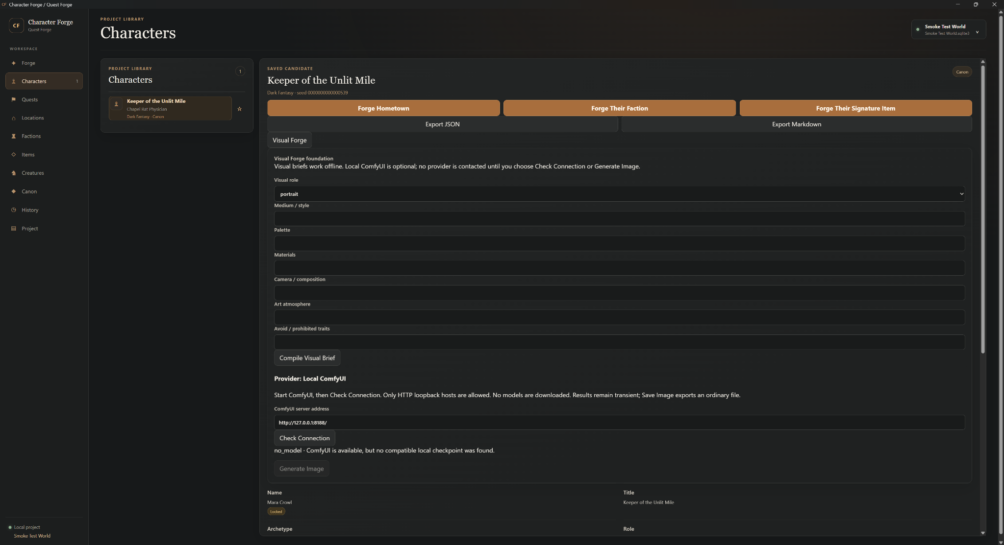 CharacterForge Windows workspace with character record, traits and generation controls