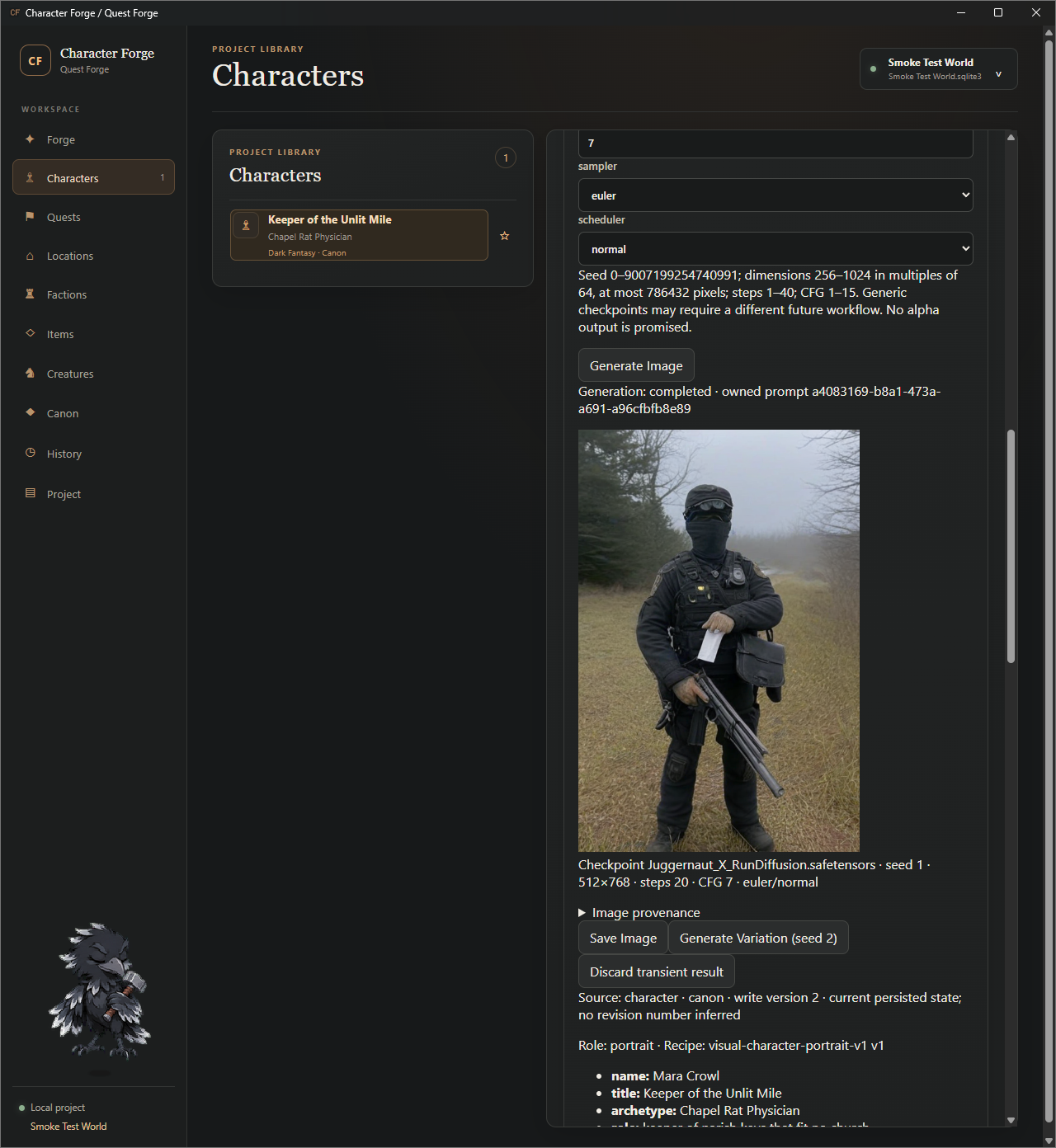 CharacterForge generated character evidence from the current Windows build