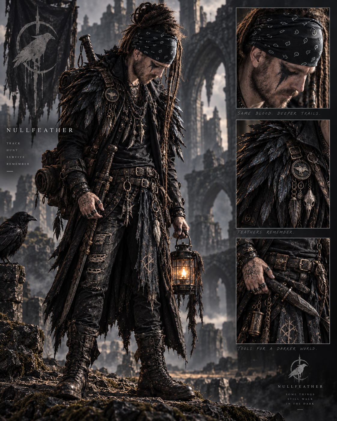 Canonical Nullfeather character sheet: dreadlocks, patterned bandana, raven-feather coat, medallion, field tools and ember lantern among ruined arches