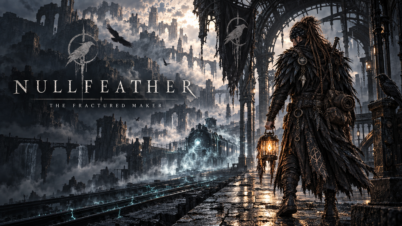 Nullfeather title-screen concept: raven-feathered wanderer with ember lantern overlooking an impossible railway station and spectral train