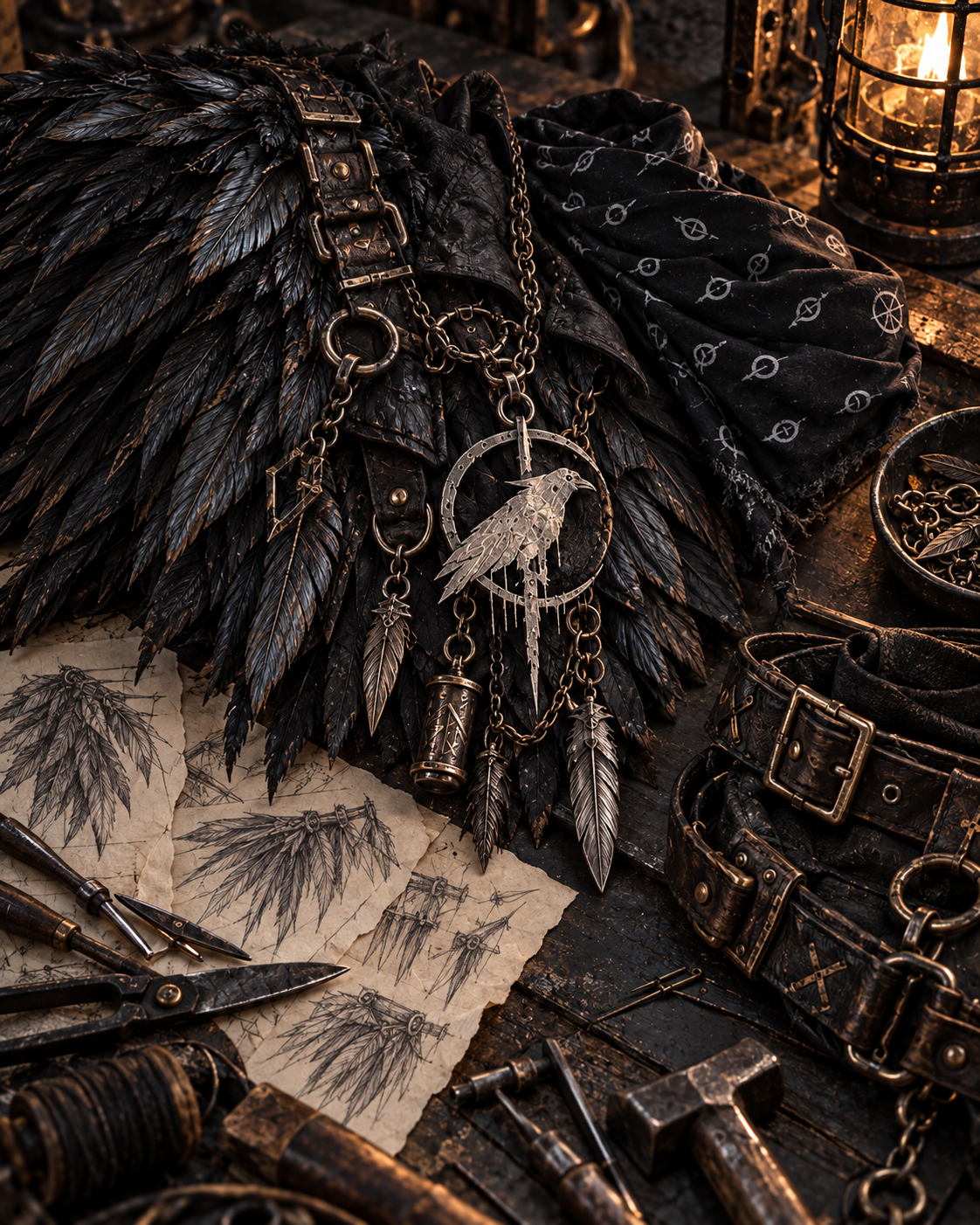 Nullfeather prop and costume design concept: black feather mantle, silver raven medallion, patterned bandana and tools on an ember-lit workshop bench