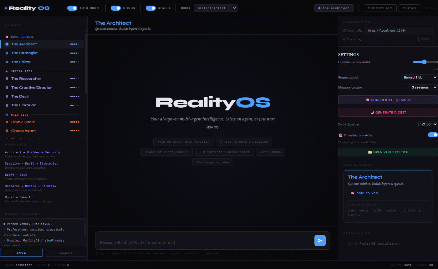 Current verified RealityOS interface shown as documentary evidence
